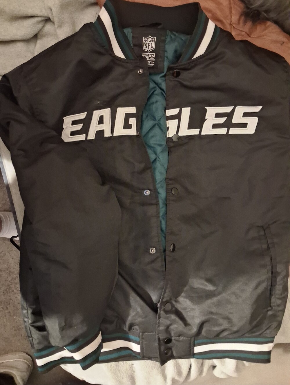 NFL Black Satin Eagle Jacket with Teal Lining and White Lettering